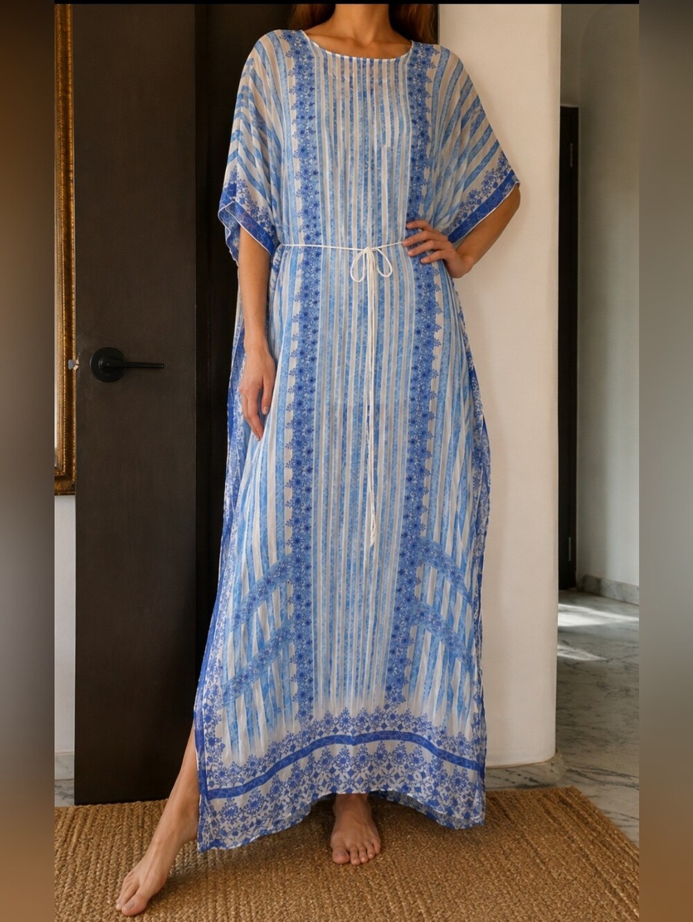 Sky Blue Striped Floral Maxi Kaftan Dress with Drawstring Waist
